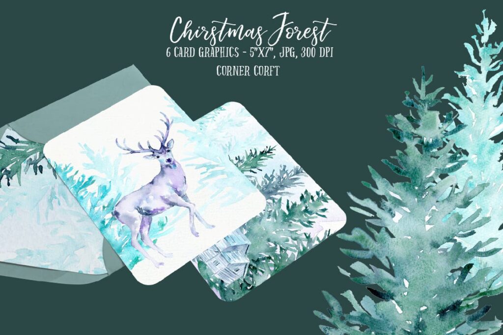 水彩画圣诞森林主题创意图案装饰元素Watercolor Christmas Forest插图4