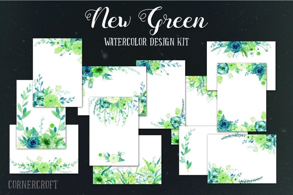 手绘水彩设计工具包全新企业品牌装饰图案花纹Watercolor Design Kit New Green插图4