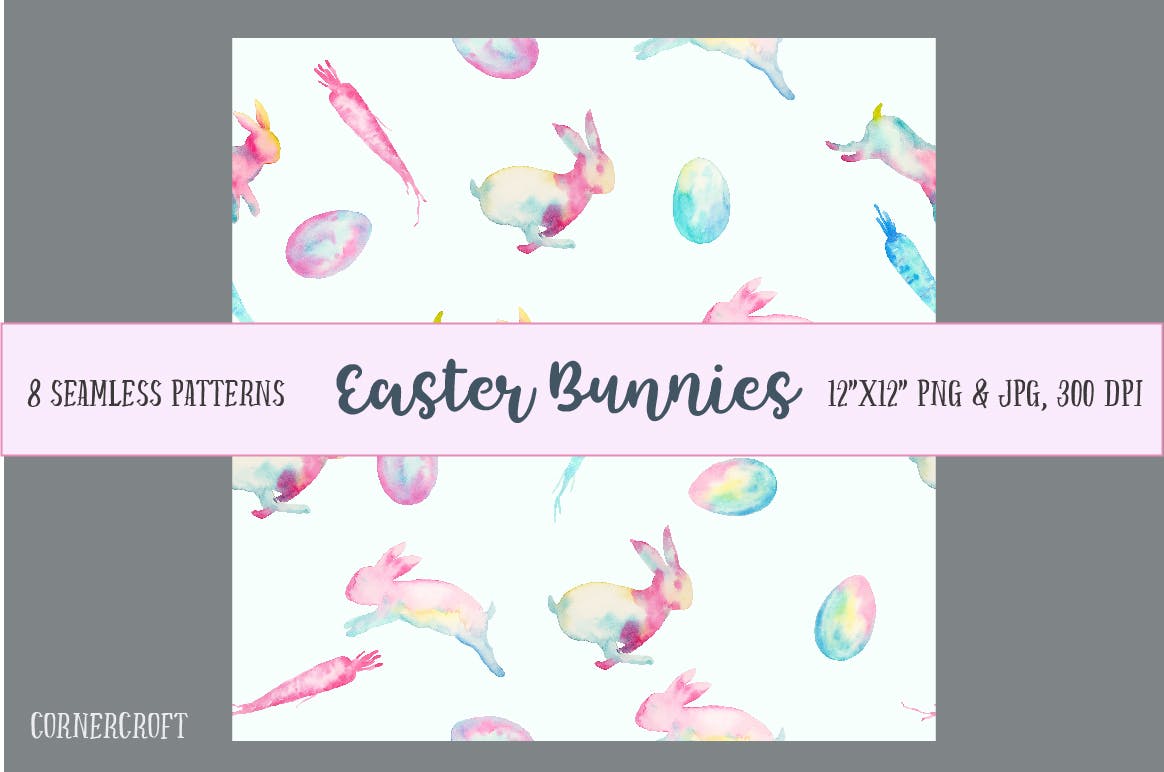 手绘水彩画复活节元素兔子水彩装饰图案Watercolor Easter Bunnies Design Kit插图4