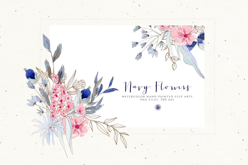 海军水彩手绘画花卉剪贴画装饰图案Watercolor Navy Flowers插图4