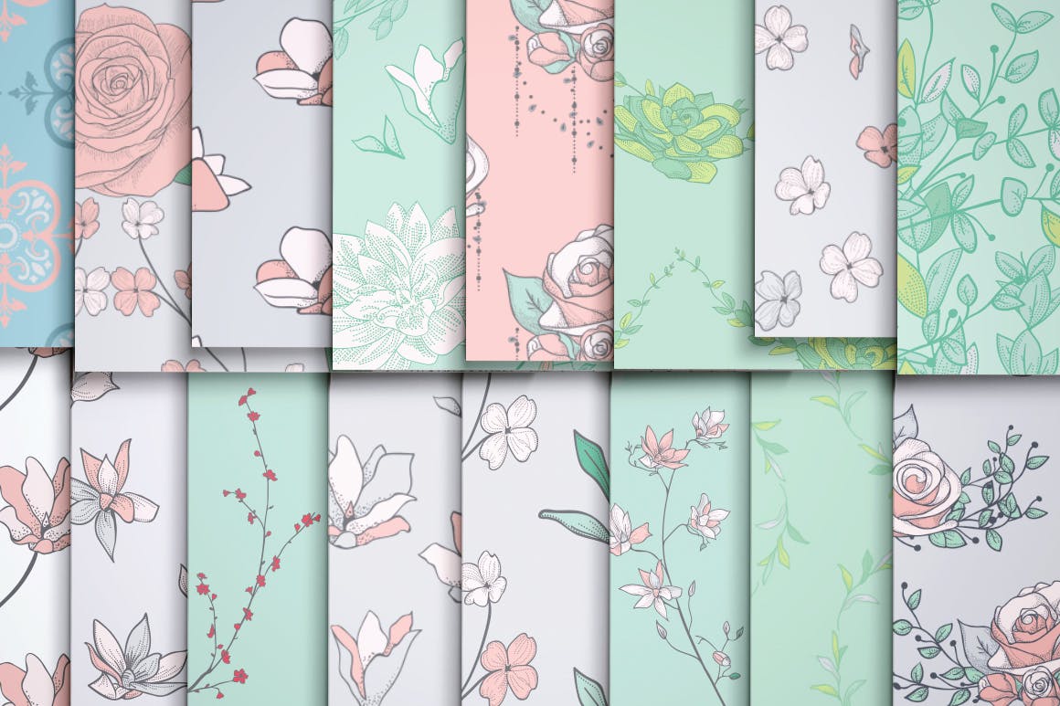 绿色植物与草药轮廓矢量图案31 Floral Patterns Pack插图5