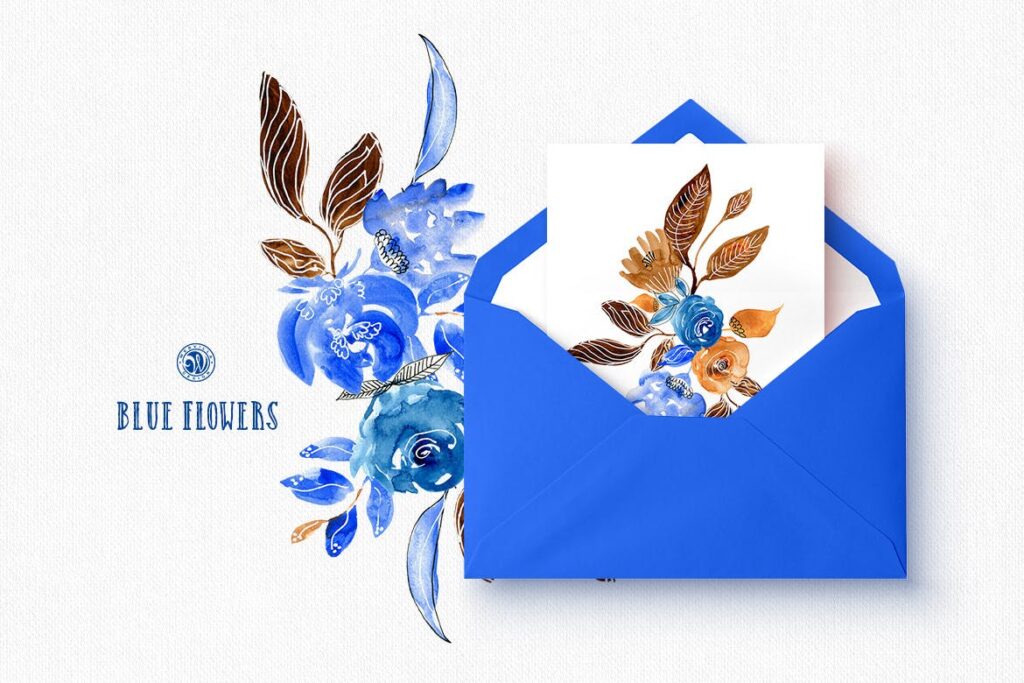 蓝色的花水彩花卉茶具装饰图案纹理Blue Flowers插图5