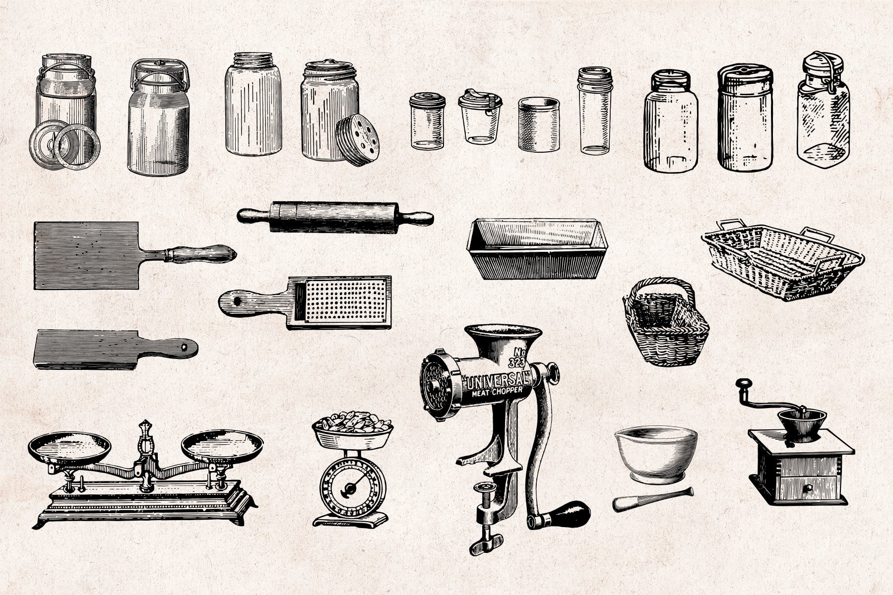 84个矢量复古手绘厨房工具和用具元素Kitchenware Engraving Illustration Set插图5