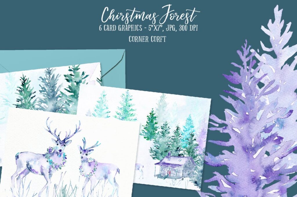 水彩画圣诞森林主题创意图案装饰元素Watercolor Christmas Forest插图5