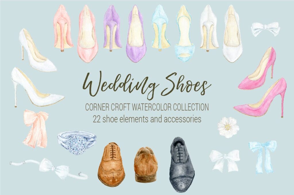 水彩婚纱鞋系列/婚纱鞋剪贴画装饰图案Watercolor Wedding Shoes Collection插图5