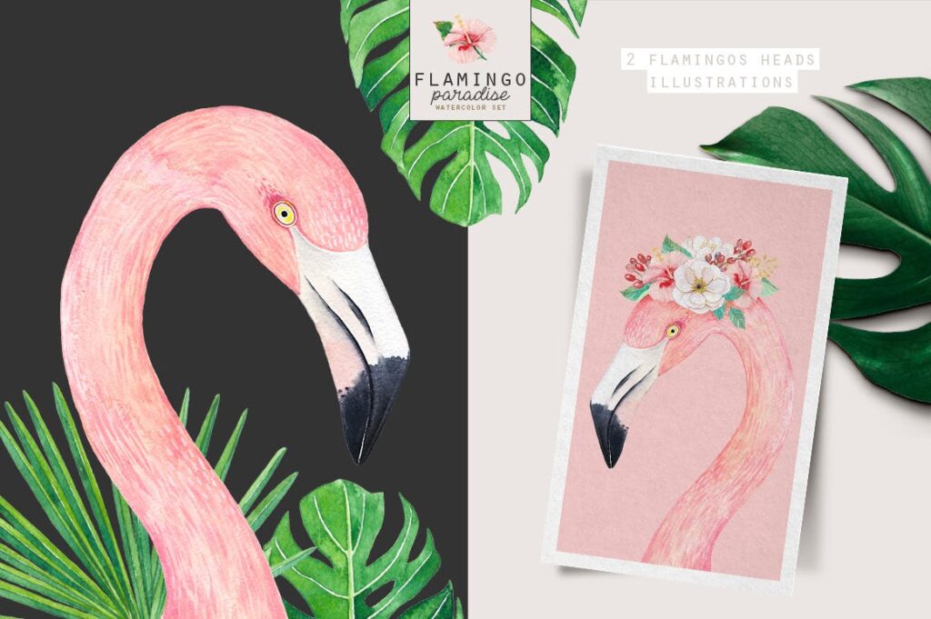 火烈鸟热带树叶和花朵主题装饰元素纹理花纹装饰图案FLAMINGO PARADISE watercolor set插图6