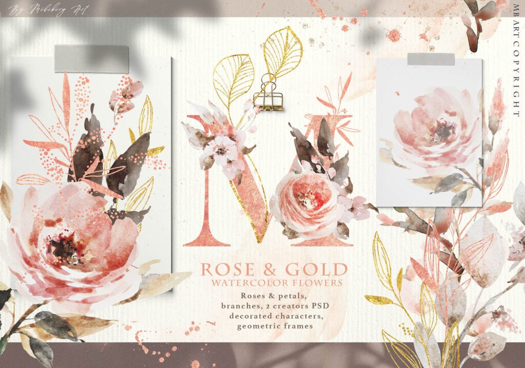 玫瑰和金色的水彩花卉素材合集Rose gold wedding collection插图8