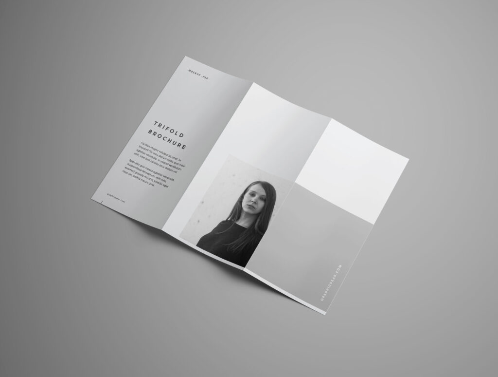 标准尺寸的折叠A4高级三折手册样机 Advanced Trifold Brochure Mockup – 7 Angles插图2