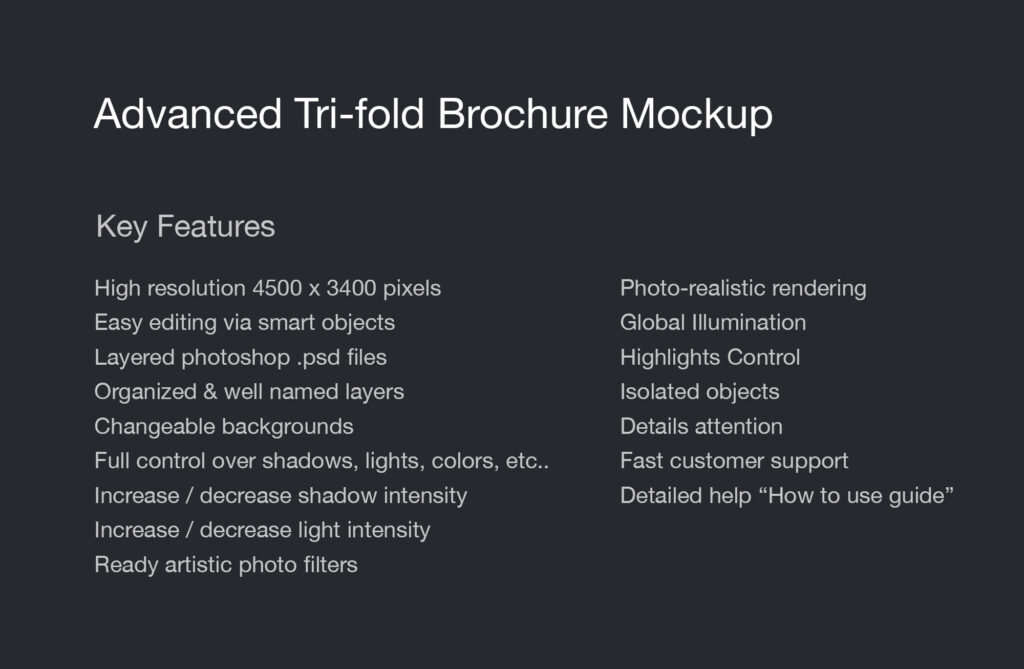 标准尺寸的折叠A4高级三折手册样机 Advanced Trifold Brochure Mockup – 7 Angles插图1