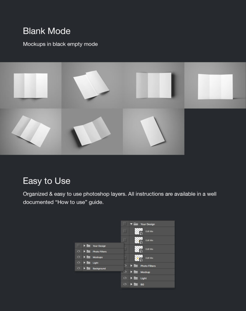 标准尺寸的折叠A4高级三折手册样机 Advanced Trifold Brochure Mockup – 7 Angles插图11