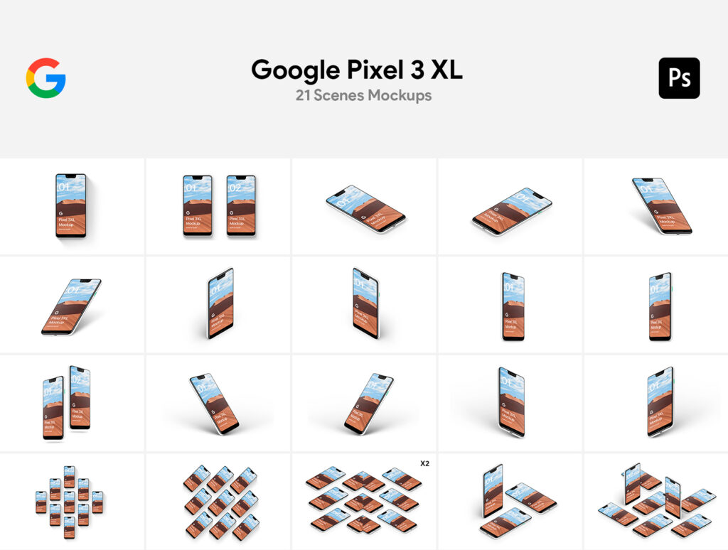 21个不同角度谷歌手机场景样机素材下载21 Google Pixel 3 XL Mockups插图1
