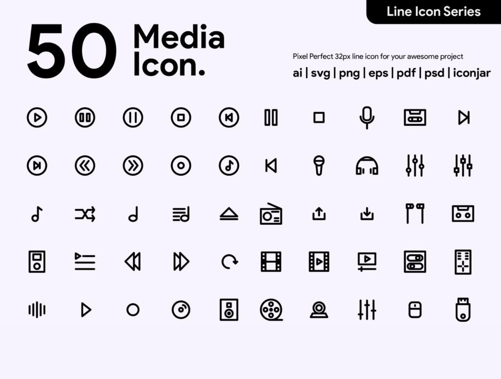 50个多媒体图标源文件下载模型素材50 Multimedia Line Icon 设计口袋