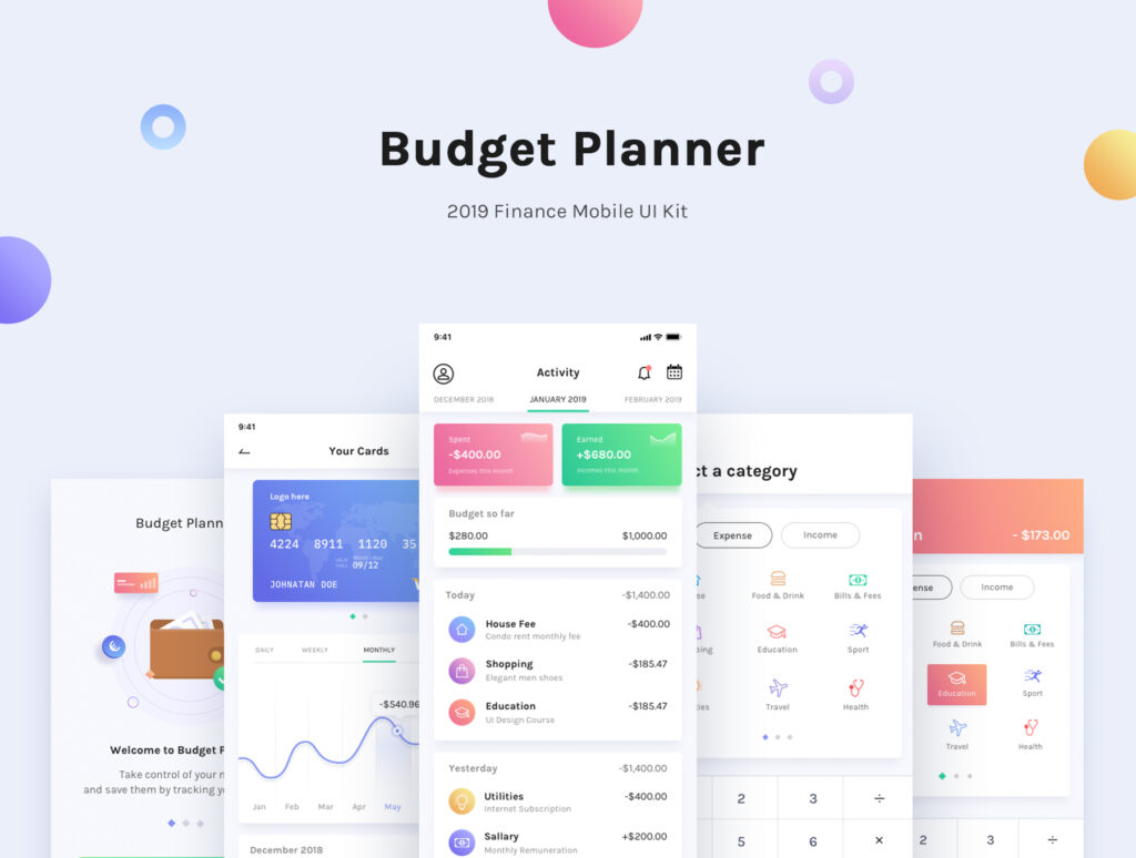 暗黑财务应用程序UI kit设计套件模型下载BudgetPlanner Mobile UI Kit插图1