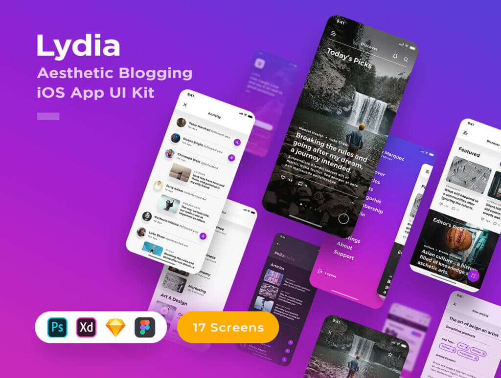 旅游出行类移动界面设计套件Lydia Blogging iOS App UI Kit插图1