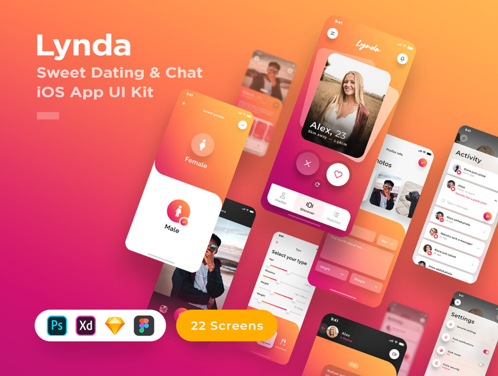 现代渐变风格约会手机应用UI设计套件素材下载Lynda Dating iOS UI Kit插图1