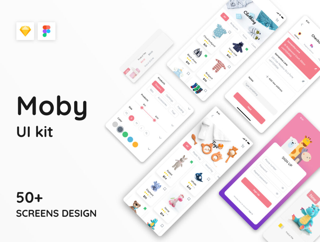 婴儿或儿童电子商务的UI设计工具包套件素材下载Moby E-commerce App Ui Kit