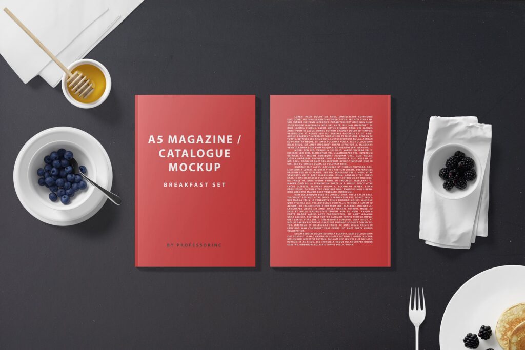 早餐A5杂志目录模型样机效果图A5 Magazine Catalogue Mockup Breakfast Set
