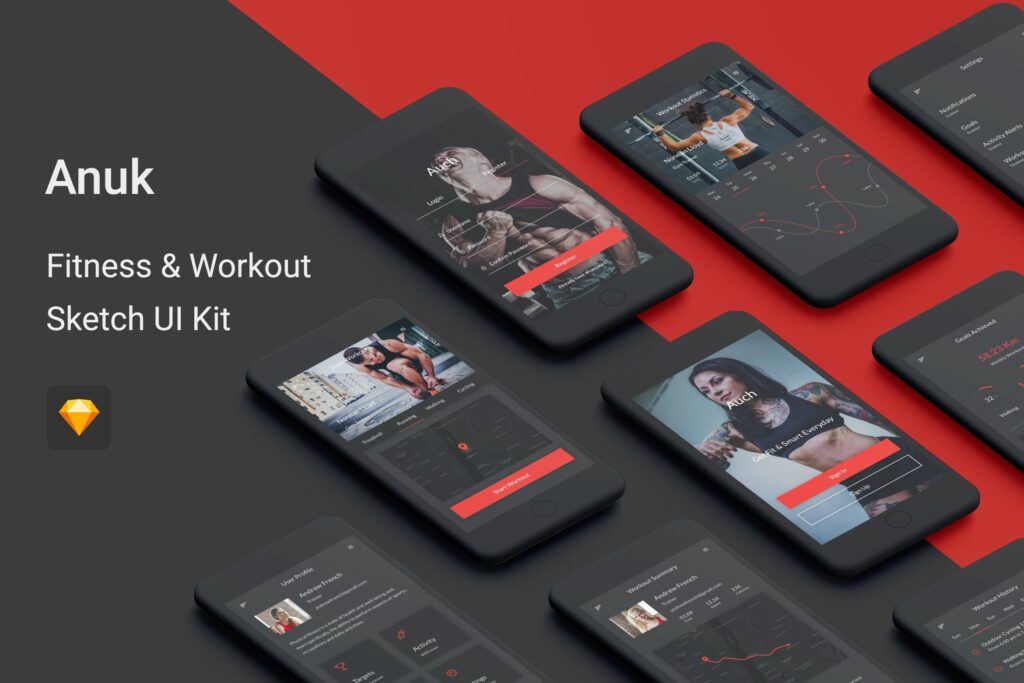 健身瑜伽类UI套件模版素材Anuk Fitness Workout Sketch UI Kit