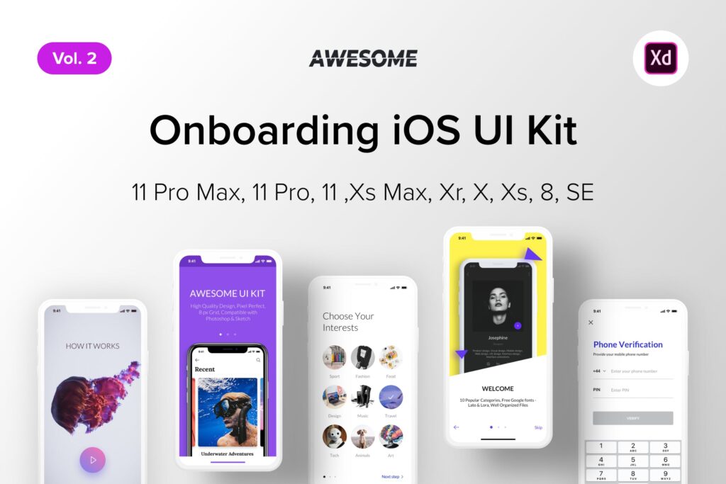 设计师工作室移动应用程序模板素材Awesome iOS UI Kit Onboarding Vol2 (Adobe XD)
