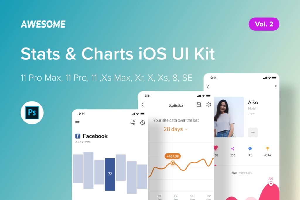 iOS UI工具包统计图表移动端模板素材Awesome iOS UI Kit Stats Charts Vol2 (PSD)
