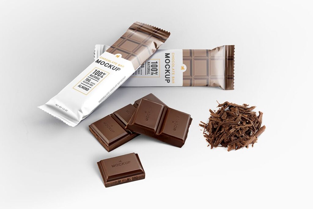 零食/巧克力/小麦/能源/有机脆/巧克力模型样机素材模型下载Chocolate Bar Packaging Mockup插图1
