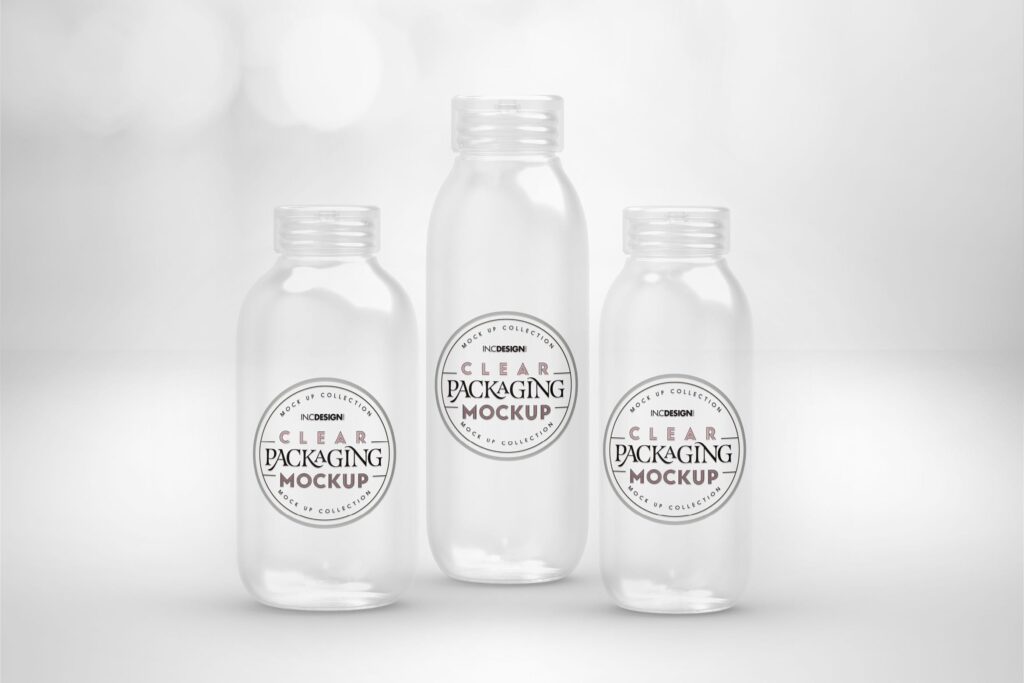 透明化妆品装瓶包装模型样机Clear Cosmetic Bottle Set Packaging Mockup