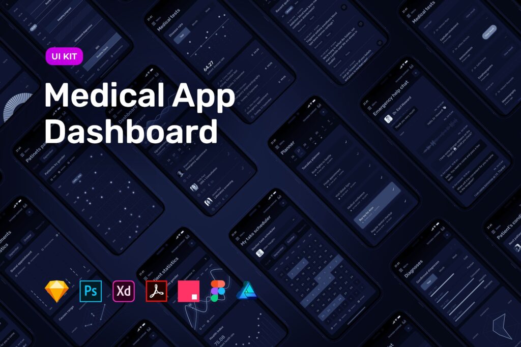 数据统计模板素材移动应用程序界面UI组件模板素材Dark Medical App Dashboard MedUX UI Kit