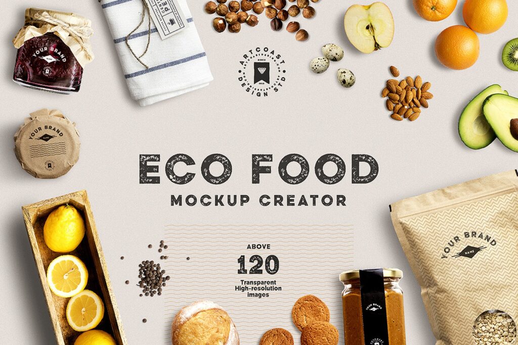 绿色生态食品品牌VI场景素材模型样机效果图Eco Food Mockup Creator