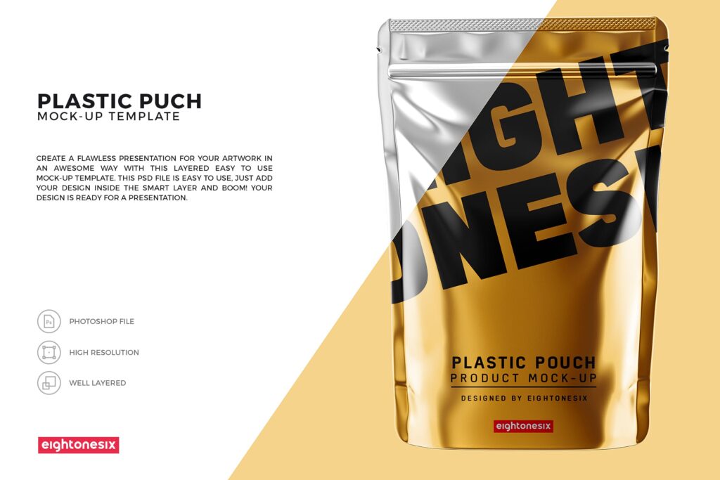 高端食品包装光泽塑料袋模型样机下载Glossy Plastic Pouch MockUp Template