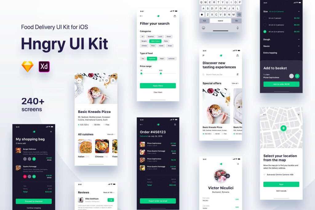 外卖快餐配送业务用户界面工具包UI界面Hngry UI Kit Food Delivery UI Kit