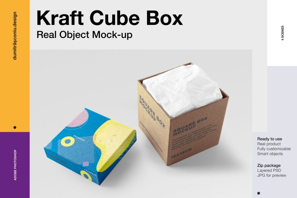 高端牛皮纸立方体盒包装模型样机Kraft Cube Box P4RYW2L