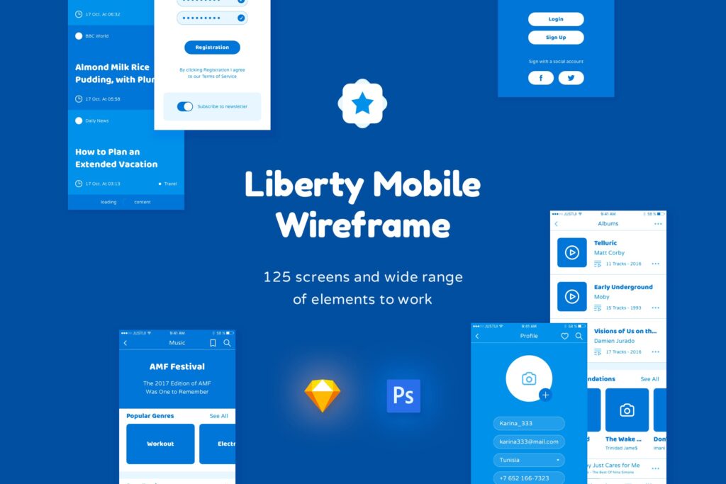 工具类移动应用程序界面线框图Liberty Mobile Wireframe Kit