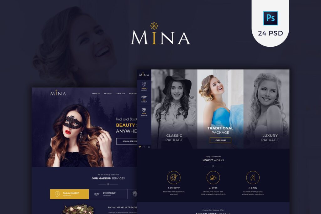 沙龙化妆或美容服务网站界面模板Mina Beauty Salon Makeup PSD