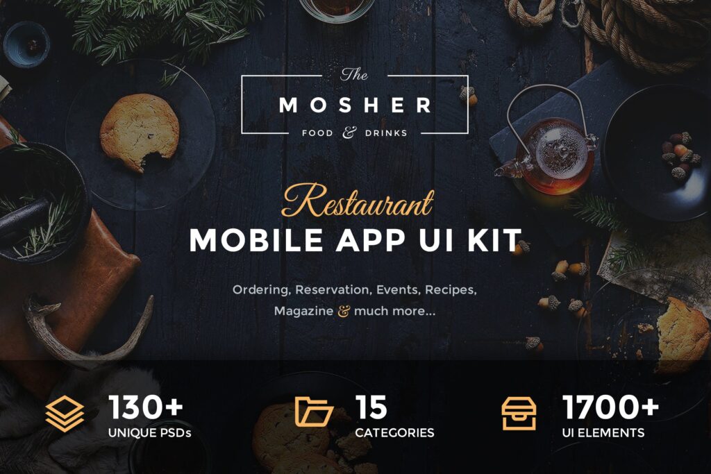 美食餐饮/主题餐厅主题餐厅网站素材模板Mosher Restaurant Mobile App UI Kit