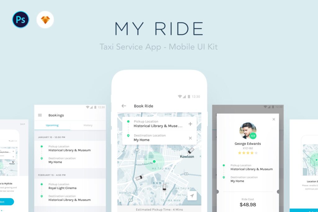 优雅简约网约车移动端界面设计模板My Ride Taxi App Mobile UI Kit插图