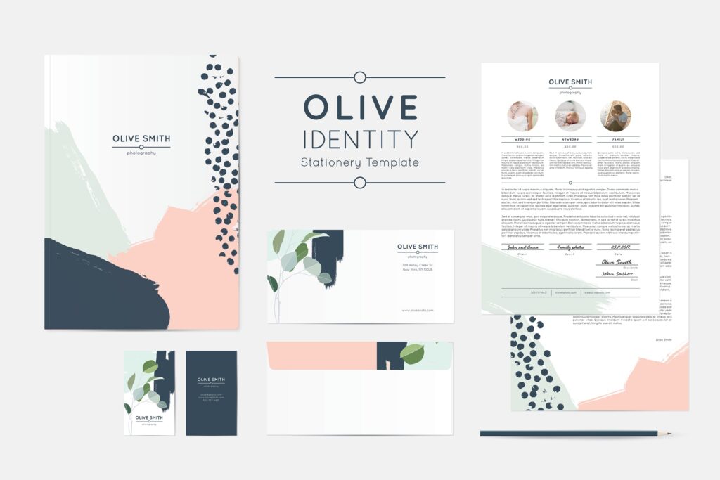 橄榄枝信纸模板样机素材下载Olive Identity Stationery Template