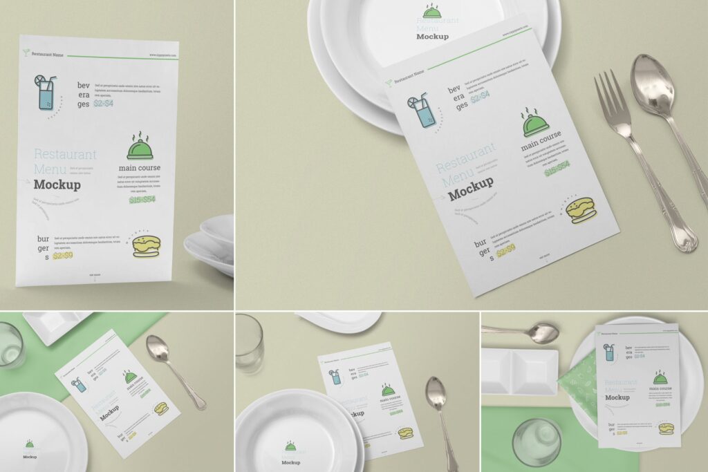 绿色生态餐厅菜单设计模型样机下载Restaurant Menu Card Mockups