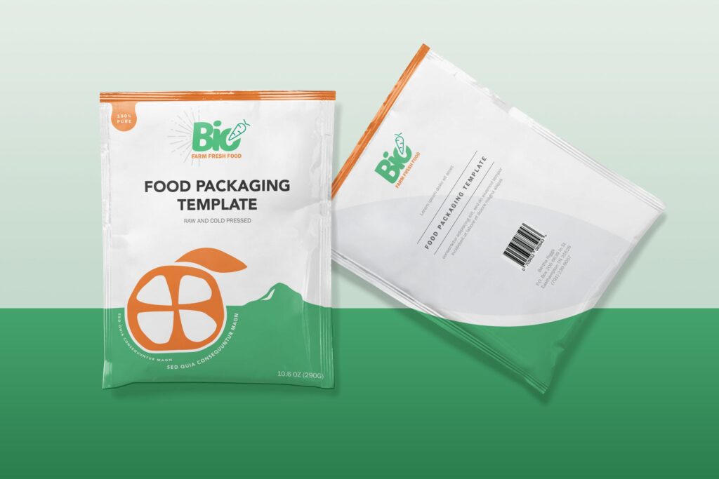 绿色食品箔袋设计模型包装样机素材下载Sachet Packaging Design Template