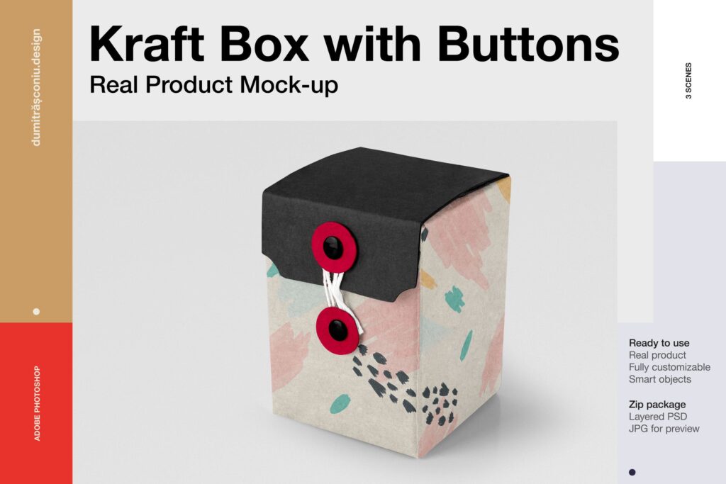 小牛皮纸盒礼品包装模型样机效果图Small Kraft Box with Buttons