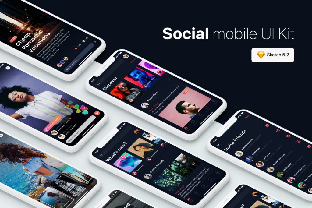 夜间主题ios平等社交UI模版素材下载Social Mobile UI Kit for SKETCH XD FIGMA