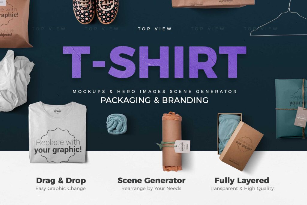 简约T恤设计/场景设计模型素材下载T shirt and Packages Mockups Scene Generator