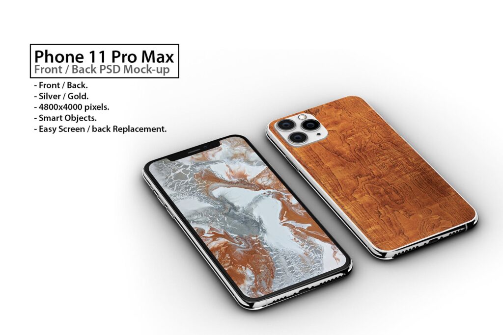 双色木质纹理后盖Phone 11 Pro的PSD模型样机效果图Tabled Phone 11 Front Back PSD Mockup