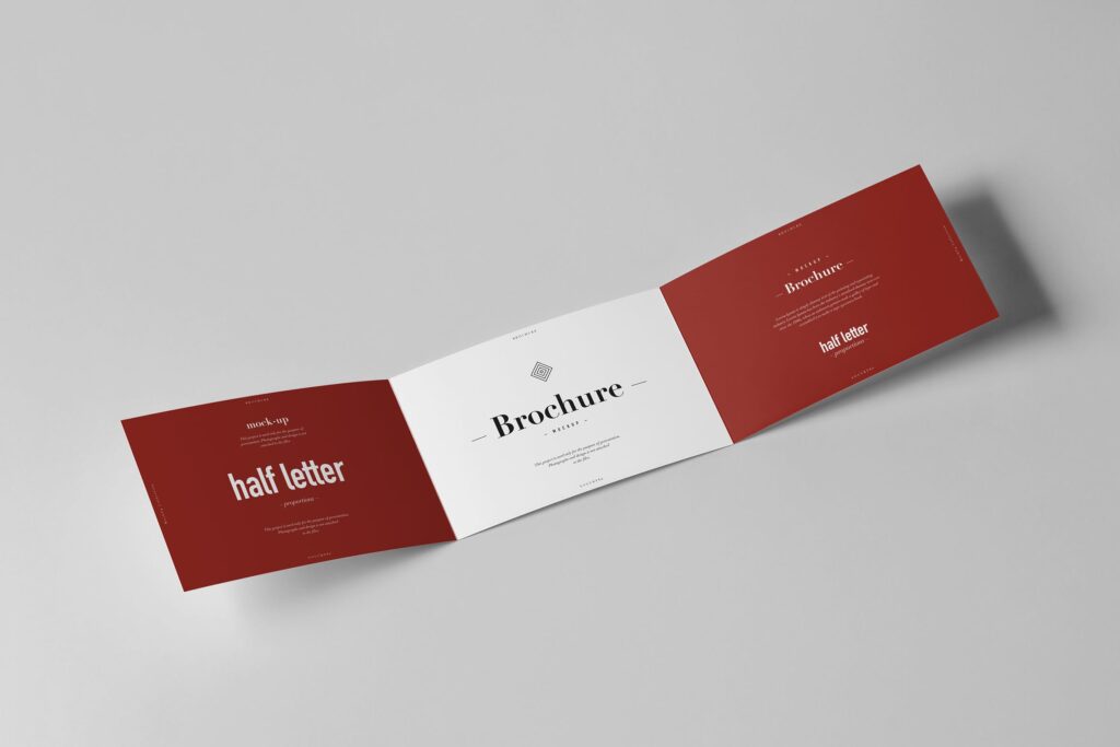 企业品牌介绍三折页模型样机效果图Tri Fold Half Letter Horizontal Brochure Mockup