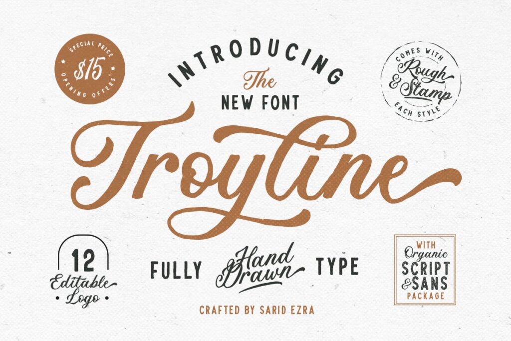 邮票风格复古英文手写字体下载Troyline Font Duo (+Logotype)