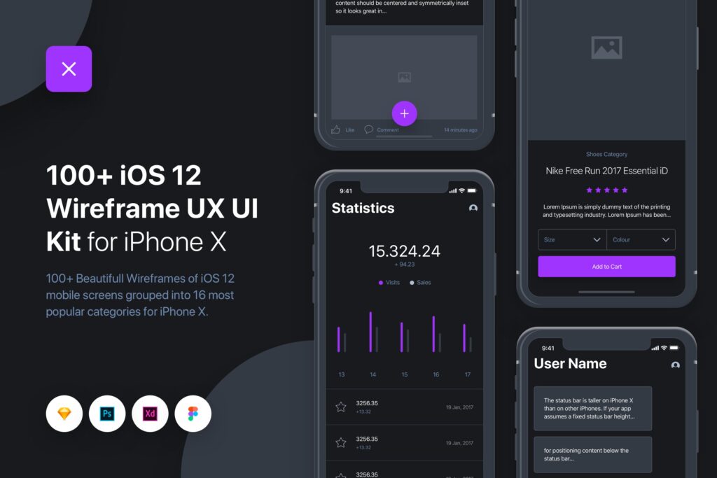 100个简约优雅的线框iOS平台界面线框图UIXO iOS 12 Wireframe UI  UX Kit iPhone X