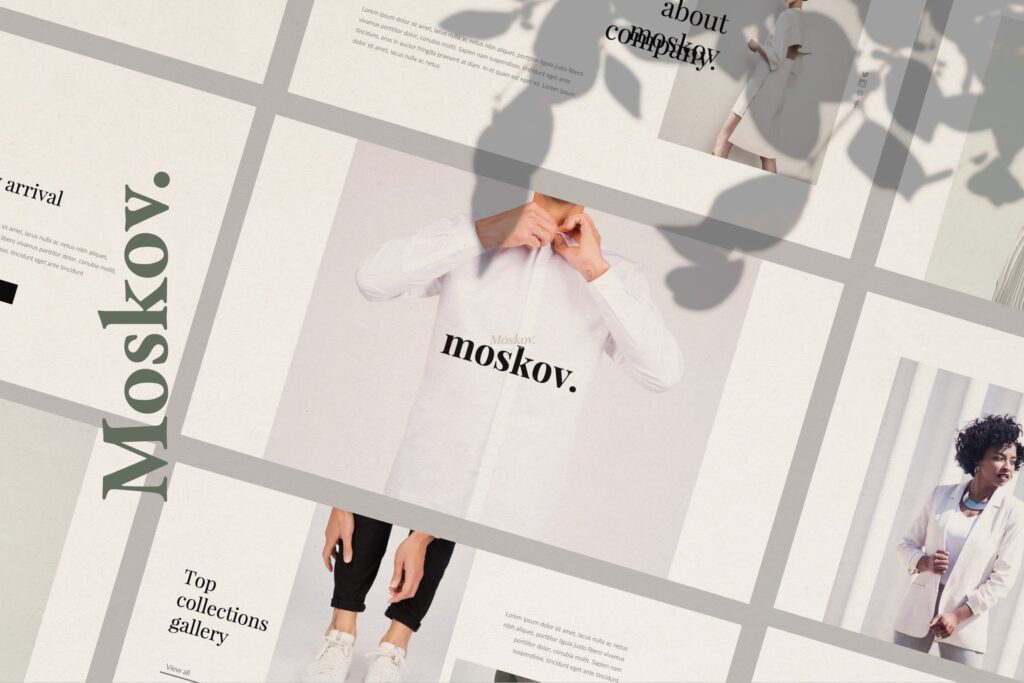 简约时尚服装品牌服装演示ppt幻灯片模板素材moskov Google Slide Business Minimal Corporate