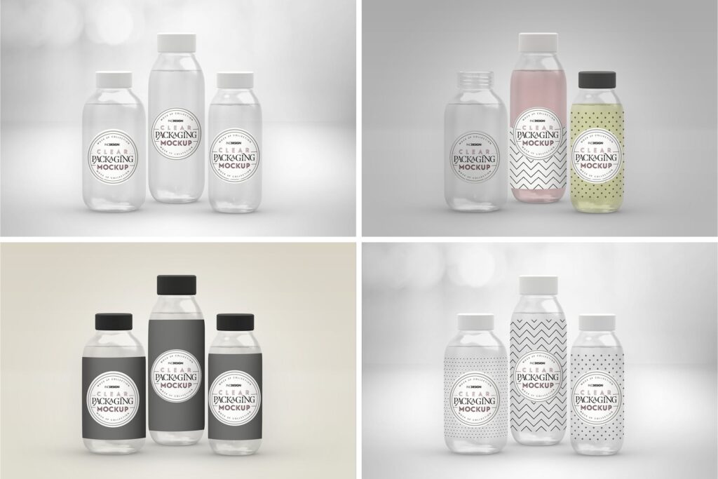 透明化妆品装瓶包装模型样机Clear Cosmetic Bottle Set Packaging Mockup插图1