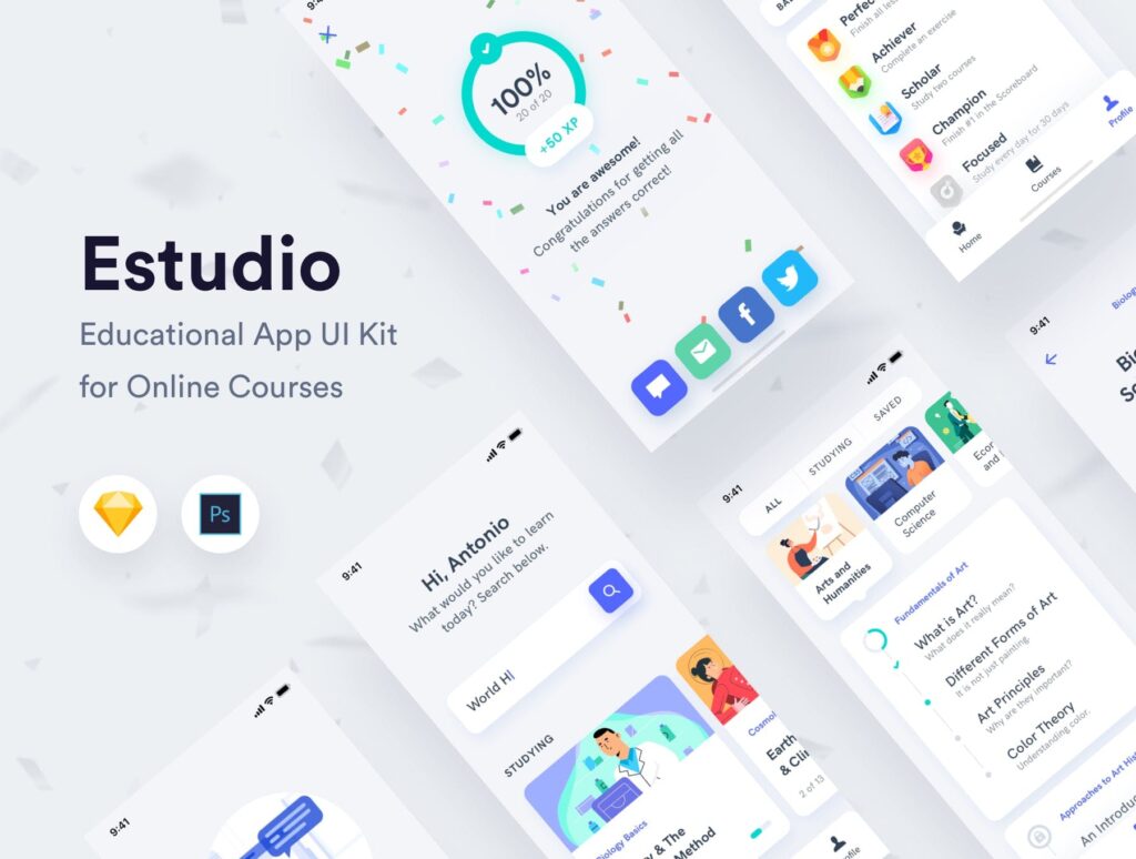 在线课程学习体验的教育类移动应用模板素材Estudio Educational Mobile App UI插图1