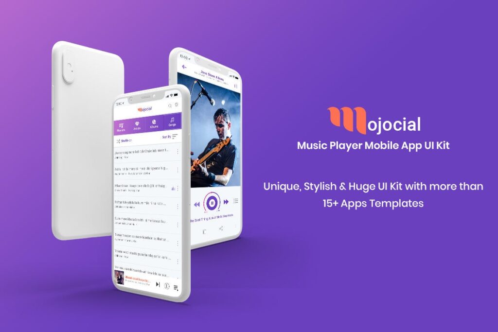 音乐播放器/小众音乐APP移动应用UI Kit素材模板Mojocial Music Player Mobile App UI Kit (Sketch)插图1