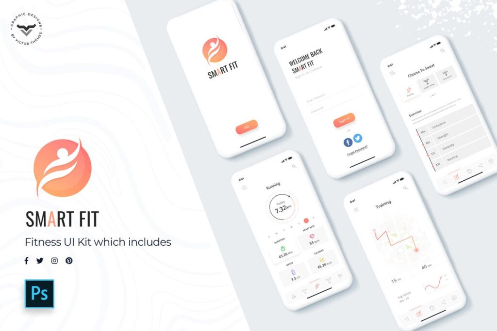 智能手表运动记步移动应用程序模板素材UI组件模板Smart Fit Mobile App UI Kit插图1